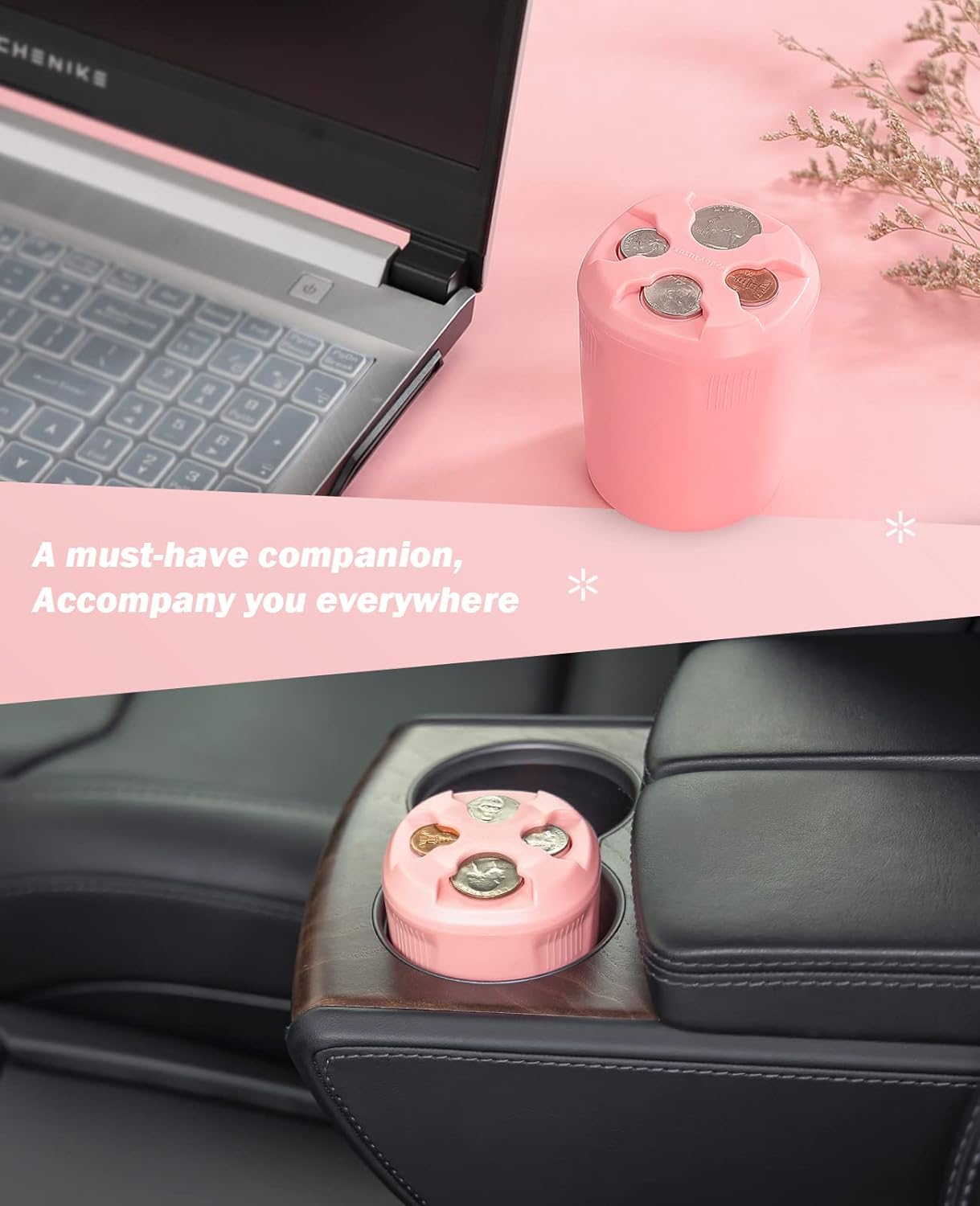 JOYTUTUS Coin Holder for Car, High Capacity Coin Holder, Universal Car Coin Holder for Cup Holder, Change Holder Compatible with Most Car Trucks Accessories, Sort Penny, Quarter, Dime, Nickels (Pink)