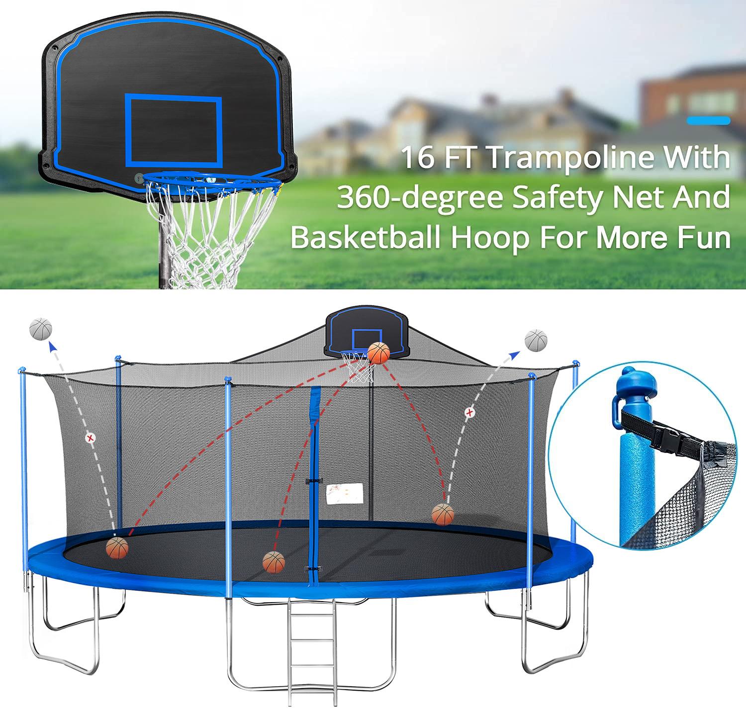 16 FT Trampoline with Basketball Hoop, Outdoor Trampoline with Enclosure for Adults Kids, ASTM Approved Heavy-Duty Fitness Trampoline for Backyard for 8-9 Kids, 2021 Upgraded Capacity 1000lbs