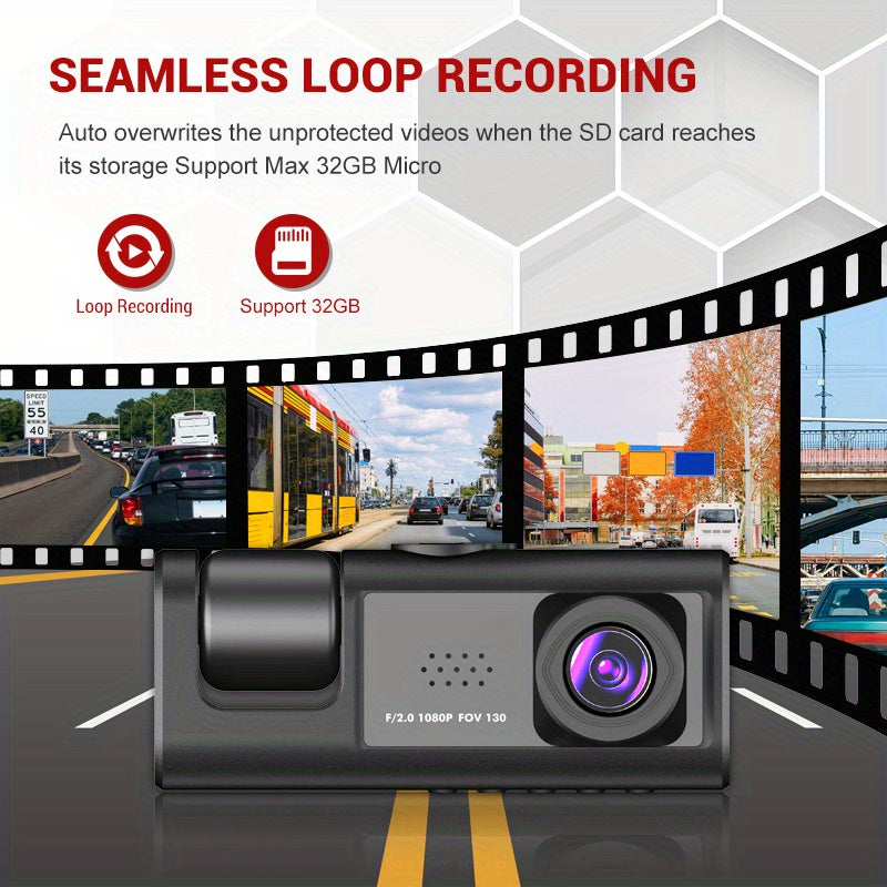 3 Channel Dash Cam Front And Rear Inside,1080P Dash Cam IR Night Vision, Loop Recording Car DVR Camera 3 Lens  With 2 Inch IPS Screen 3 Cameras Car Dashcam,car Black Box Recording At Same Time,Wide Angle Dashboard Camera Recorder