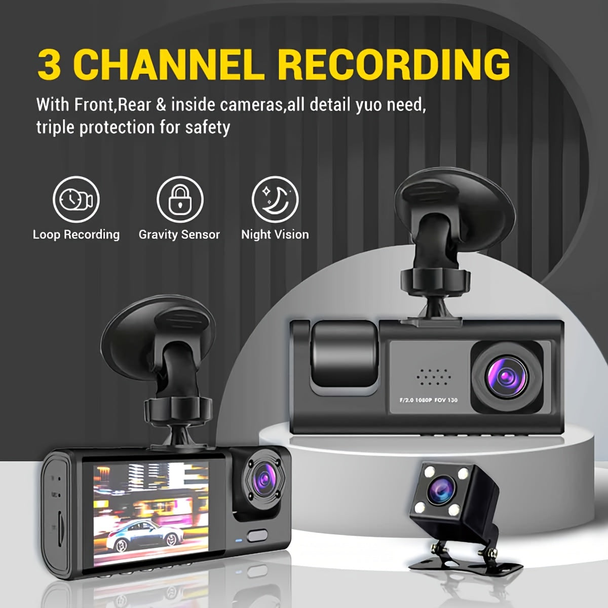 3 Lens Car Dashcm Car Camera Car Black Box 3 Camera Dash Cam Front,Inside,Rear,1080P
