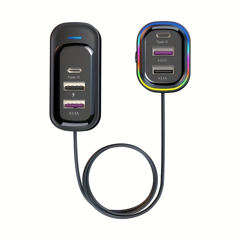 81W Fast Car CharThe Front And Rear Of The 6-port Expansion Car Are Charged Simultaneously 1 Type-C 2 USB 59.06inch Extension Cable Anti-slip Clamp