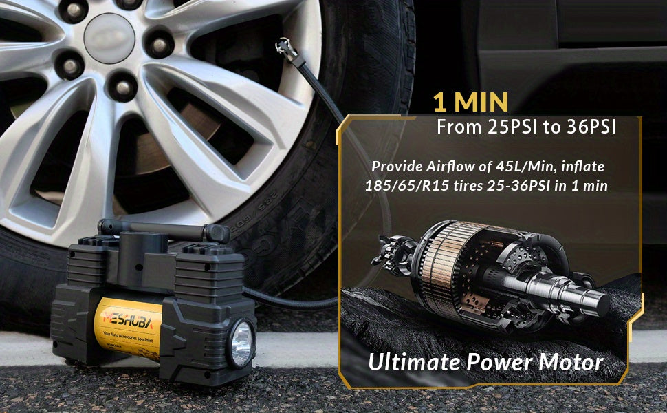 MESHUBA Tire Inflator 12V Portable Air Compressor, 150PSI Air Pump For Car Tires With Digital Pressure GauFor Car Bike Motor Ball, Yellow