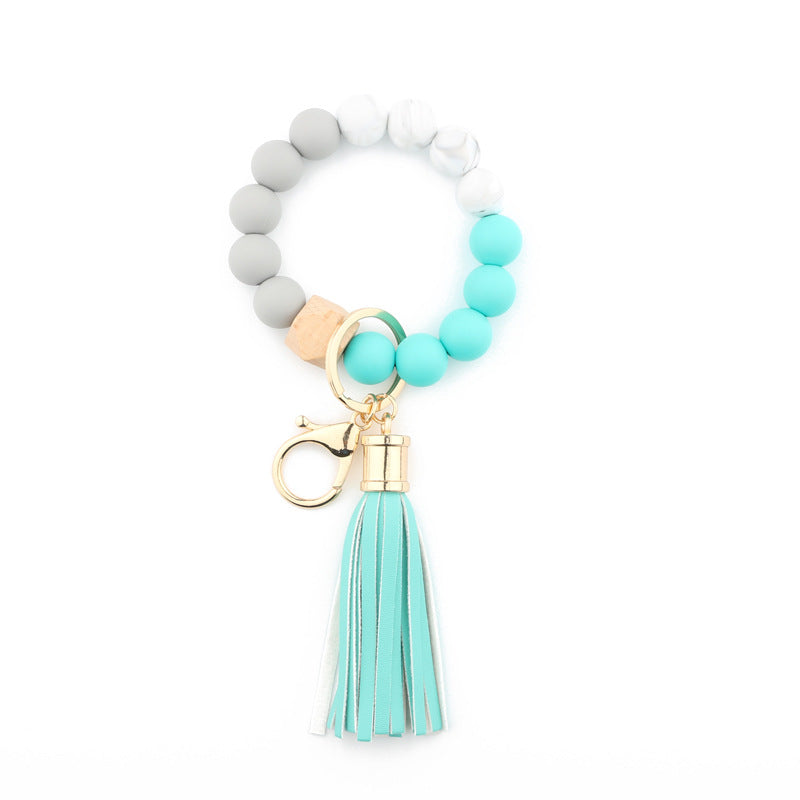 Silicone Beaded Bracelet Keychain, Key Ring Bangle Wristlet Keychain With Faux Leather Tassel For Women/Girls