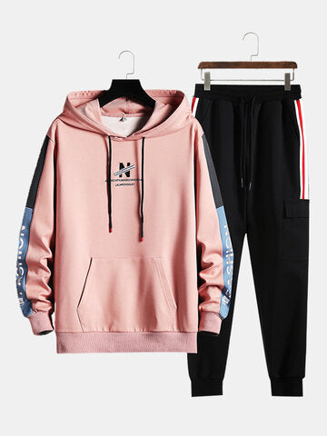 mens contrast patchwork letter pattern drawstring hooded casual two pieces outfits