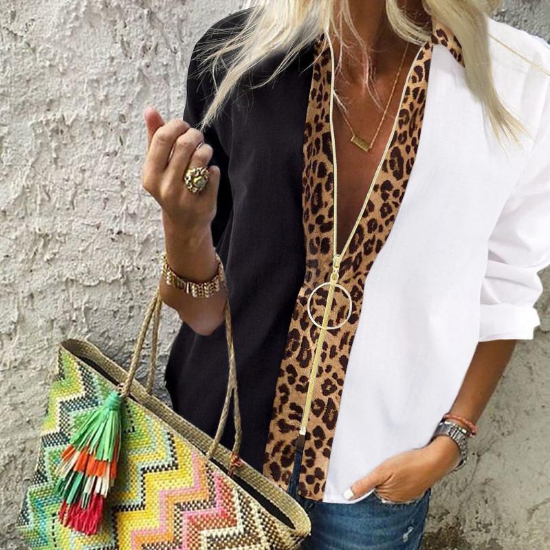 Women's Patchwork Leopard Print Long Sleeve Shirt
