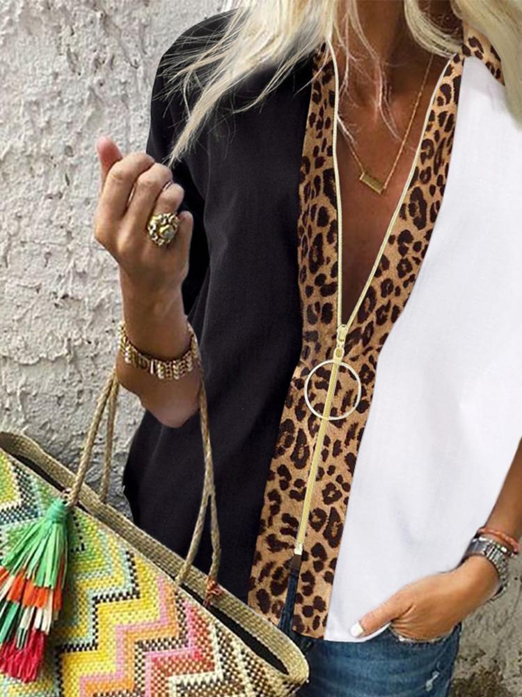 Women's Patchwork Leopard Print Long Sleeve Shirt