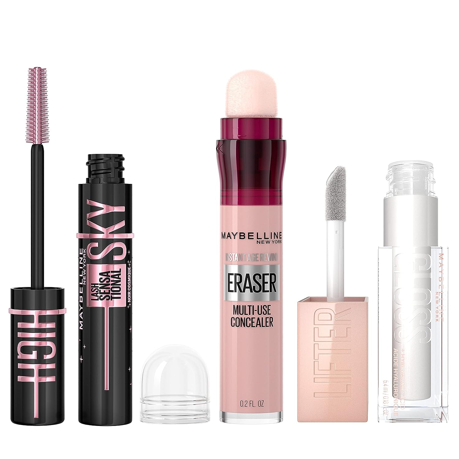 Maybelline Lash Sensational Sky High Washable Mascara, Cosmic Black + Instant Age Rewind Eraser Dark Circles Treatment Multi-Use Concealer, 160+ Lifter Gloss, Pearl, Silver Pearl Clear Bundle