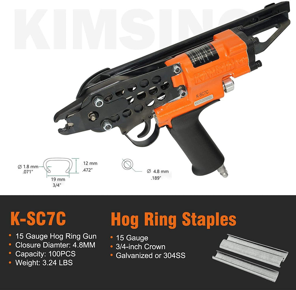 Kamsin K-SC7C 15 GauPneumatic C Ring Gun, 3/4-Inch 4.8mm Closure Diameter Hog Ring Staples, Automatic Hog Ring Plier, Hog Ring Tool for Fencing (K-SC7C C Ring Gun)