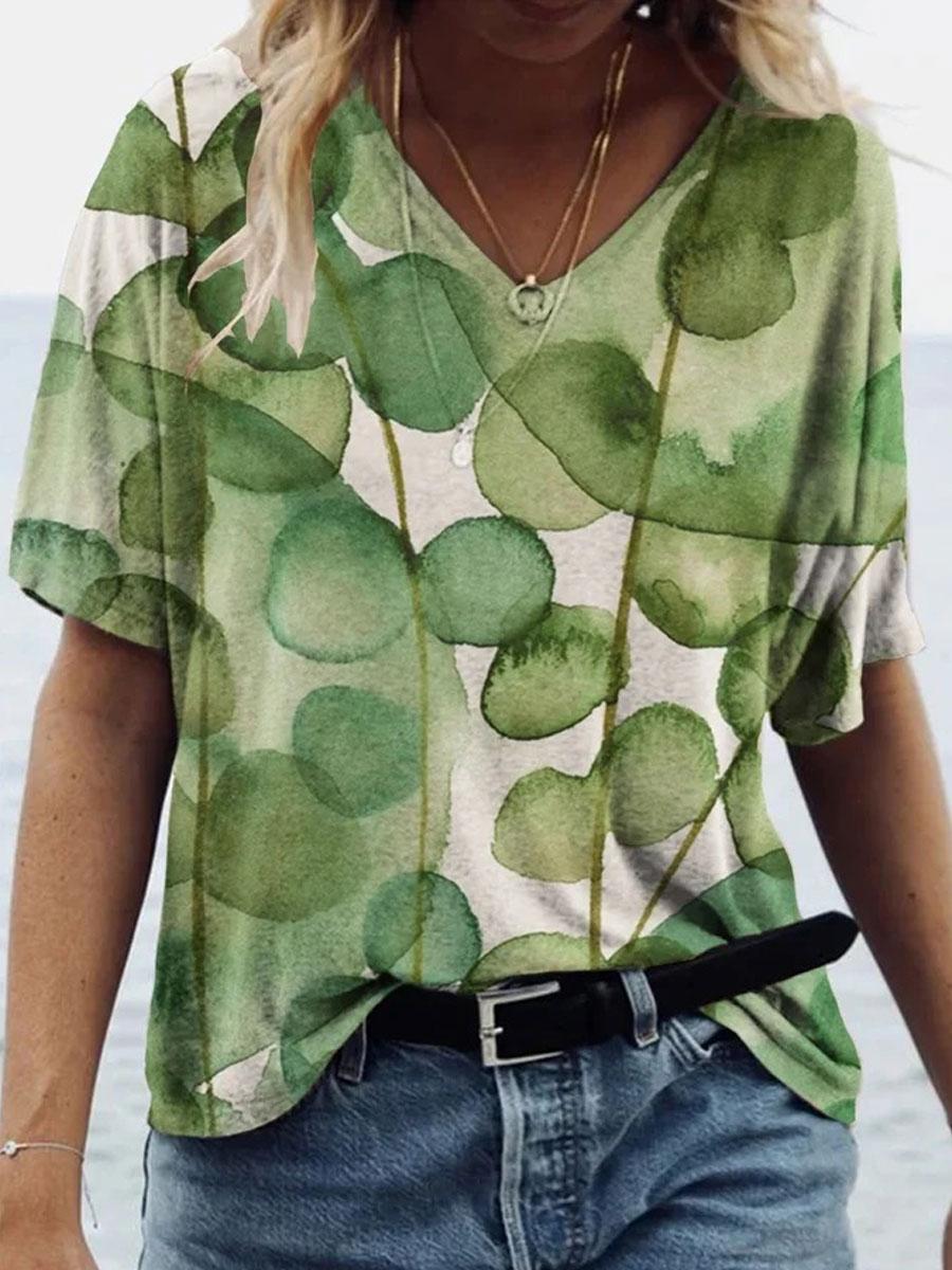 V-neck Clover Print Short-sleeved Loose T-shirt