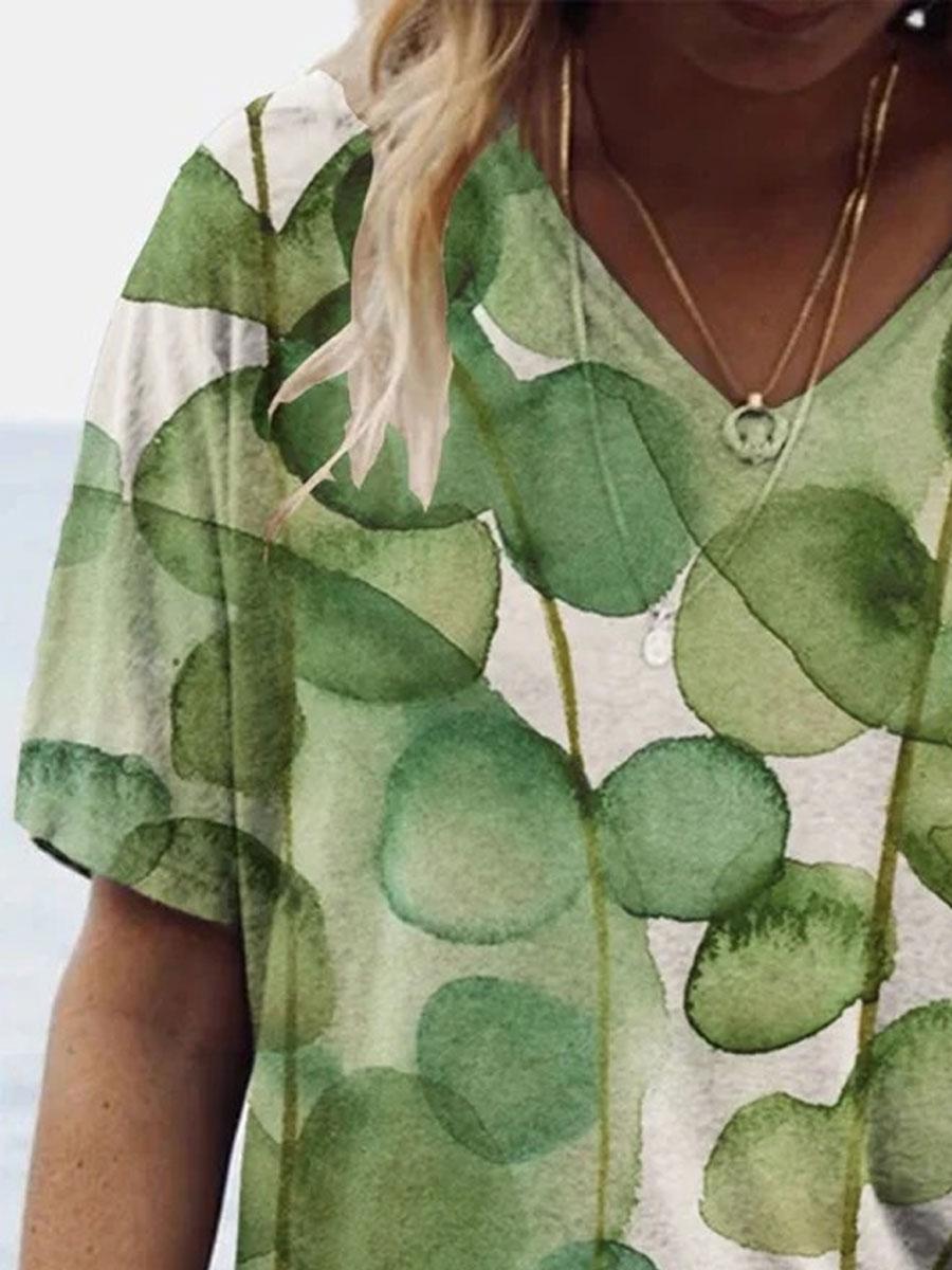 V-neck Clover Print Short-sleeved Loose T-shirt