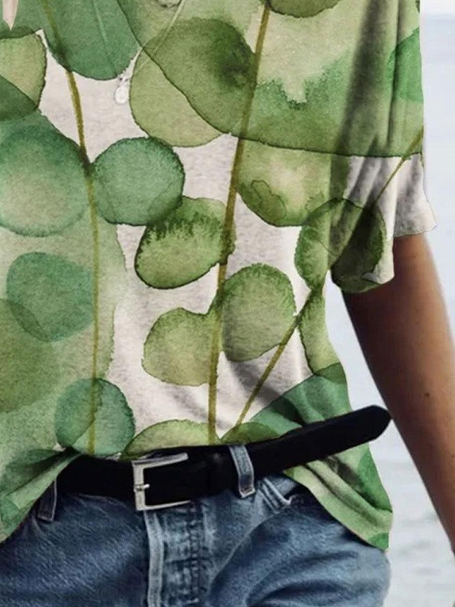 V-neck Clover Print Short-sleeved Loose T-shirt