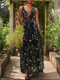 Embroidery Floral V-neck Sleeveless Maxi Dress