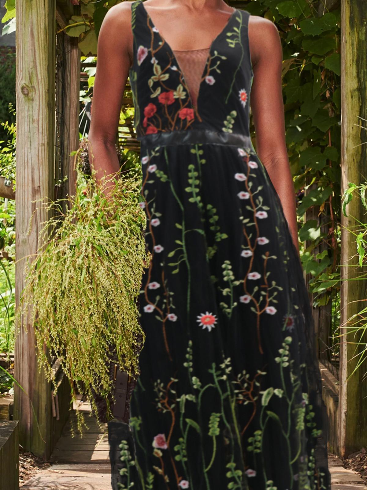 Embroidery Floral V-neck Sleeveless Maxi Dress