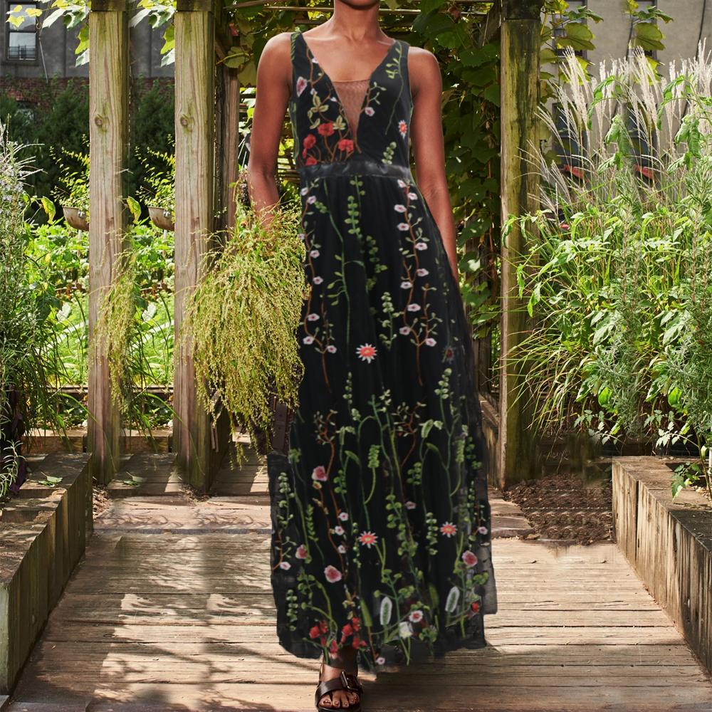 Embroidery Floral V-neck Sleeveless Maxi Dress