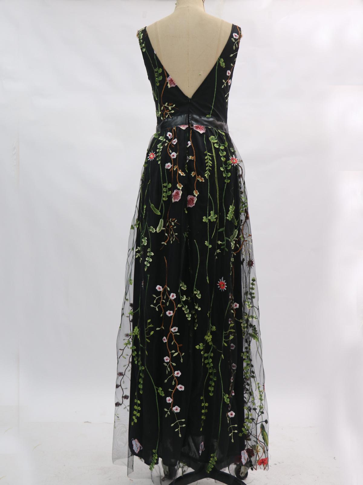 Embroidery Floral V-neck Sleeveless Maxi Dress