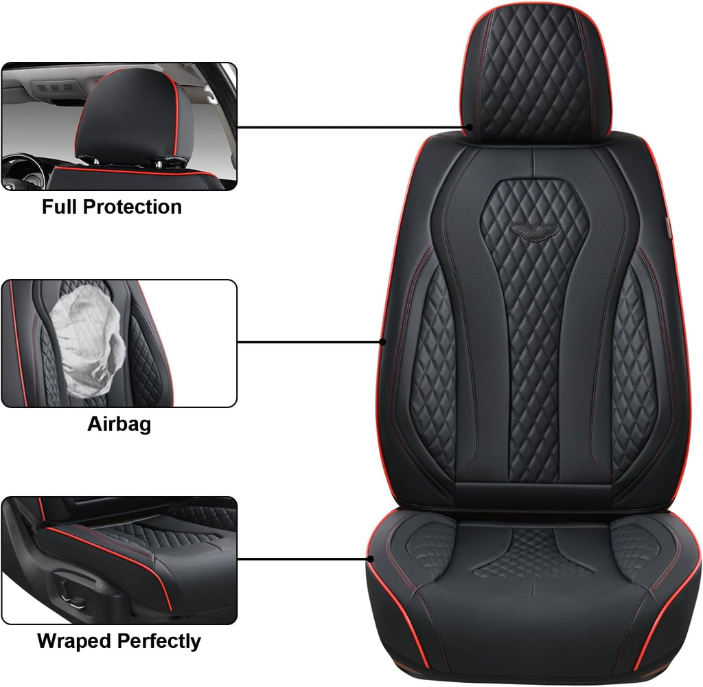 Coverado Leather Seat Covers Front, 2-Pack Universal Seat Covers for Cars, Waterproof Luxury Leatherette Car Seat Cushions, Auto Car Seats Protectors, Driver Seat Covers Fit for Most Vehicles Red line