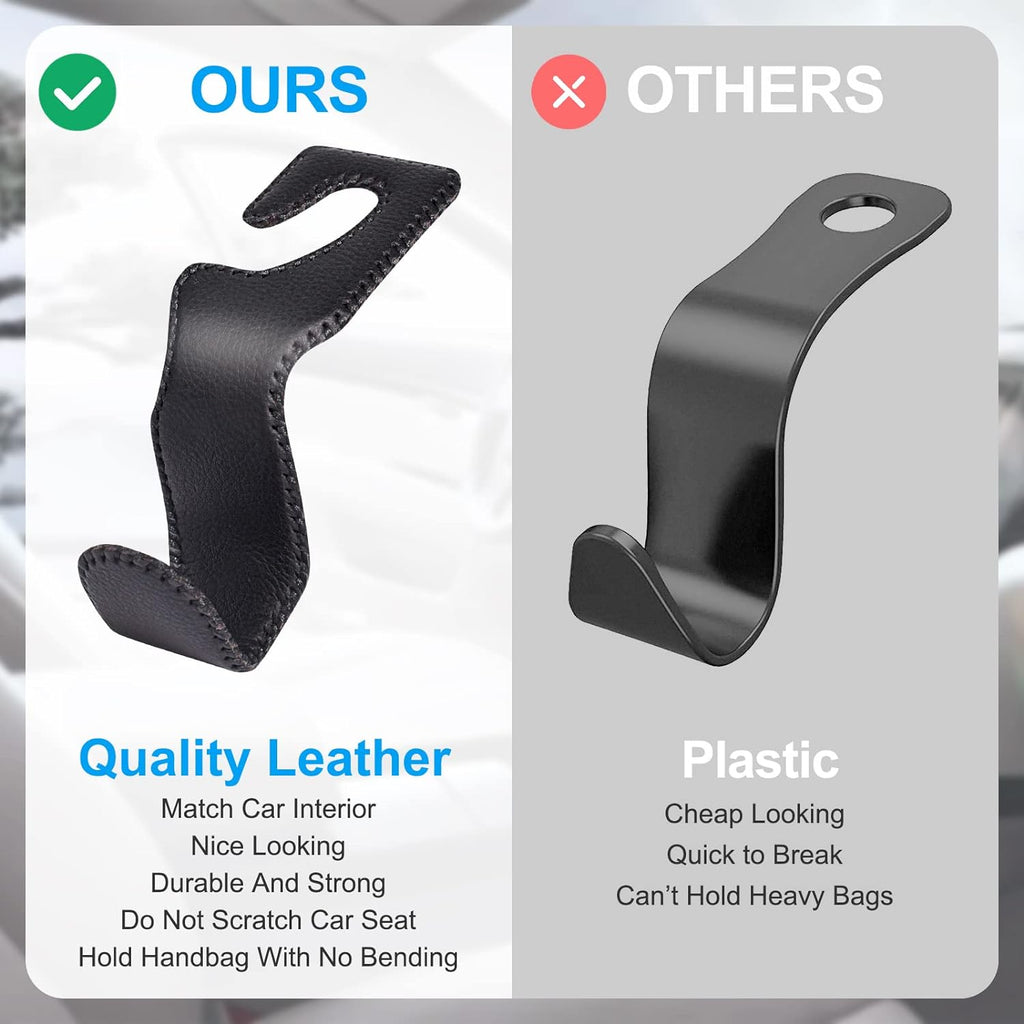 EldHus Seat Hooks for Purses and Bags, 4 Pack Car Purse Holder for Grocery Bag Handbag Clothes, Metal Headrest Hooks Covered by Leather, Black