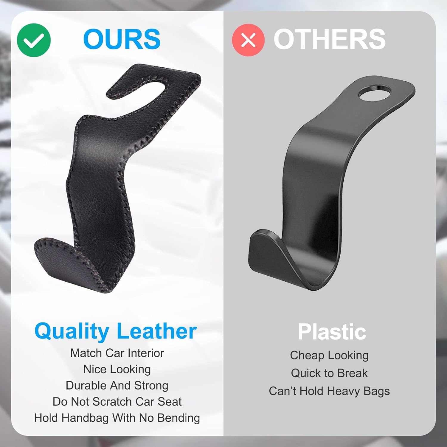 EldHus Seat Hooks for Purses and Bags, 4 Pack Car Purse Holder for Grocery Bag Handbag Clothes, Metal Headrest Hooks Covered by Leather, Black