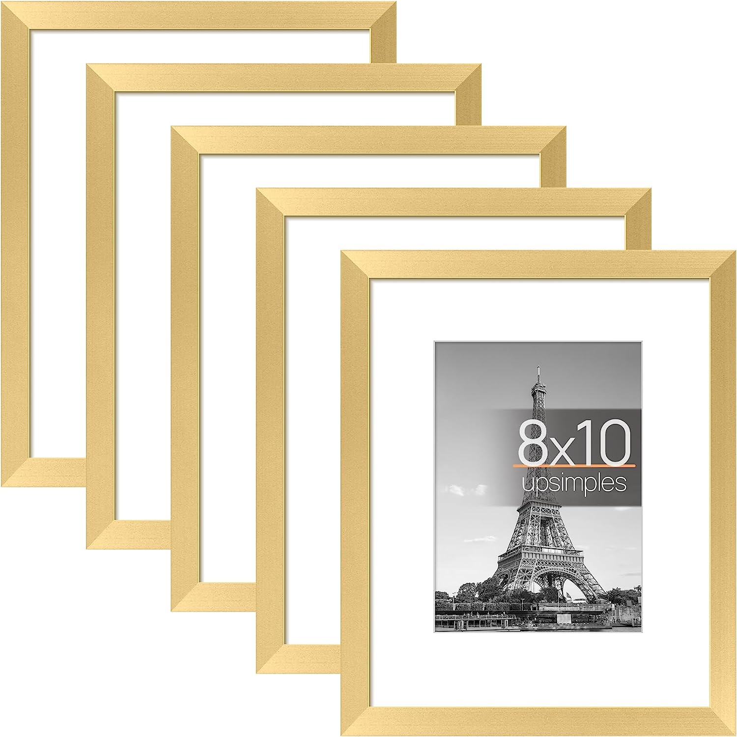 upsimples 8x10 Picture Frame Set of 5,Display Pictures 5x7 with Mat or 8x10 Without Mat,Wall Gallery Photo Frames, Gold