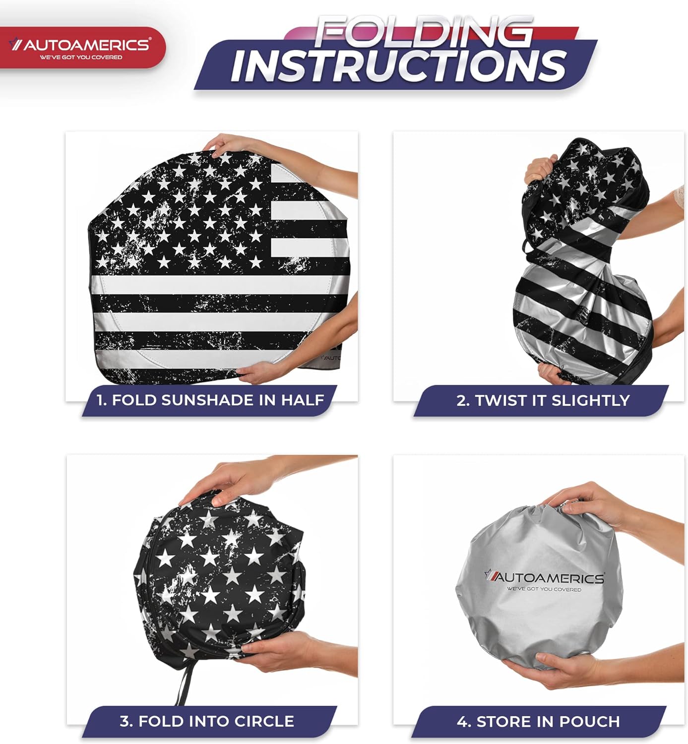 Autoamerics 1-Piece Windshield Sun Shade Grunge B&amp;W American Flag USA  - Foldable Car Front Window Sunshade for Most Sedans SUV Truck - Blocks Max UV Rays and Keeps Your Vehicle Cool - X-Large