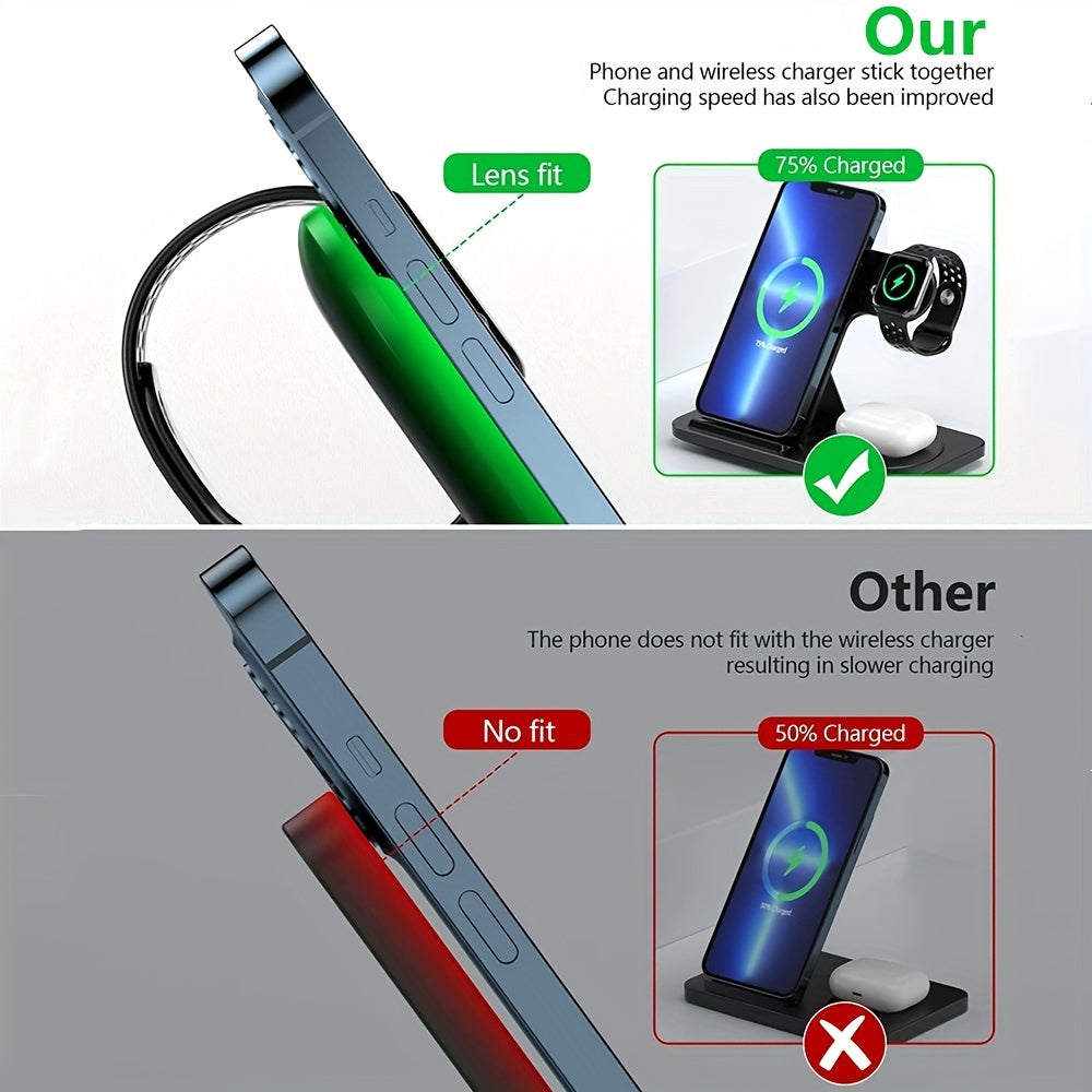 Wireless Charging Station For  Multiple Devices Foldable 3 In 1 Fast Charger Station Stand Dock For IWatch Series 8, 7, 6, SE, 5, 4, 3, 2, Airpods Pro 3, 2,  14Pro, 14, 13, Pro Max, 13 ,12, 11 Pro, X ,Max ,XS, XR, 8