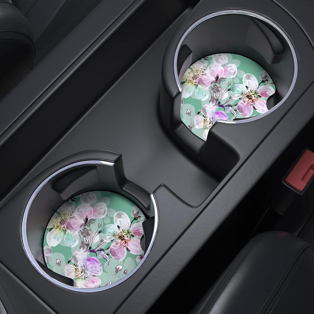 Nipichsha Car Cup Holder Coasters, Car Coasters for Cup Holders, 2 Pack Anti Slip Insert Coasters, Rubber Car Cup Mat with A Finger Notch, Cute Car Interior Accessories for Women Men(Plum Flower)