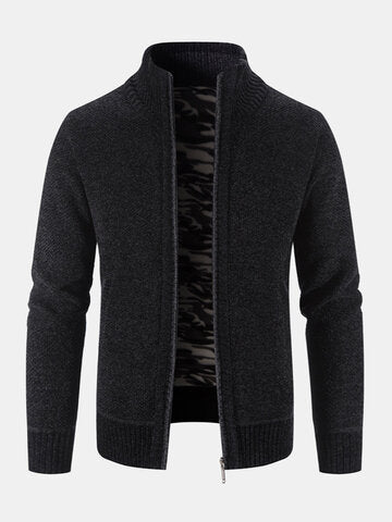 mens plain chenille knit stand collar zipper warm cardigans with pocket