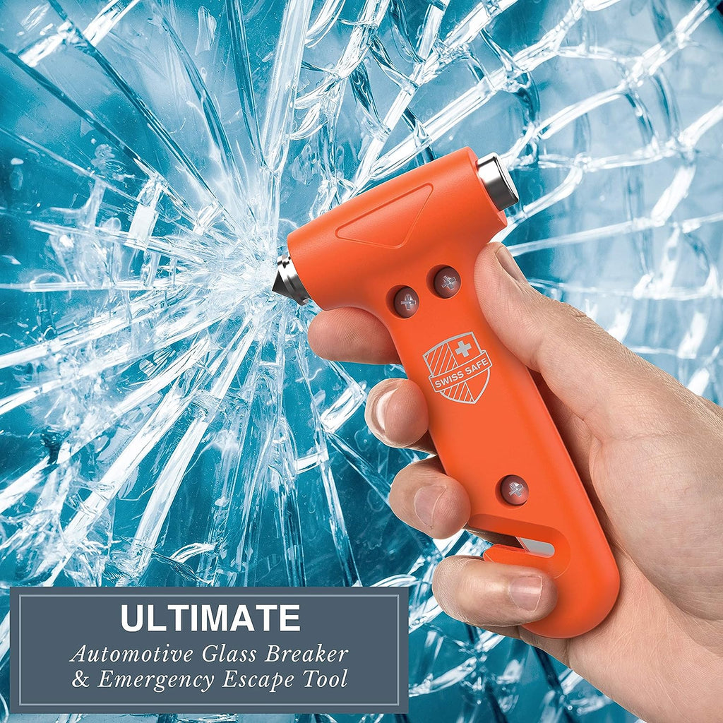 Swiss Safe 5-in-1 Car Safety Hammer, Emergency Escape Tool with Car Window Breaker and Seatbelt Cutter, Orange, 2 Pack
