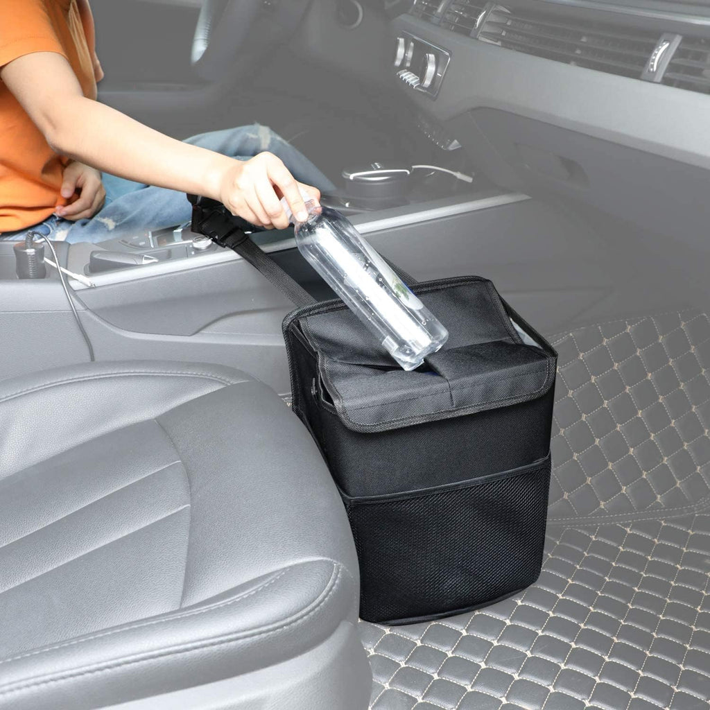 PowerTiger CAR ACCESSORIES Hanging Car Trash Can Bin - Car Garbage Cans Bag with Lid &amp; 3 Mesh Storage Pockets 2.64 Gallon