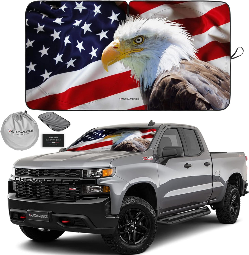 Autoamerics 1-Piece Windshield Sun Shade American Eagle Flag - 2 USA Patriotic  - Foldable Car Front Window Sunshade for Sedans SUV Truck - Blocks Max UV Rays and Keeps Your Vehicle Cool - Large