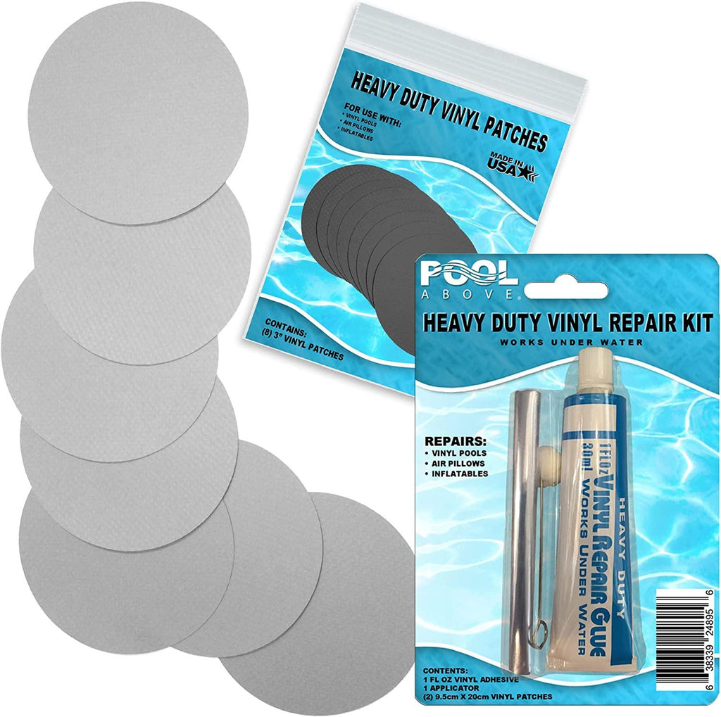 heavy duty vinyl repair patch kit for above-ground pool liner repair; glue and patch inflatables; boat; raft; kayak; air beds; inflatable mattress repair (light grey)