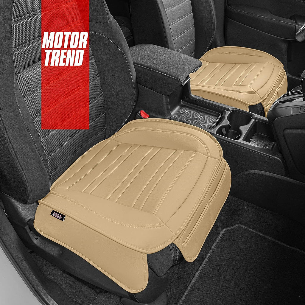 Motor Trend Seat Covers for Cars Trucks SUV, Faux Leather Beige Padded Car Seat Covers with Storage Pockets, Premium Interior Car Seat Cover, 2 x Front Seat Covers
