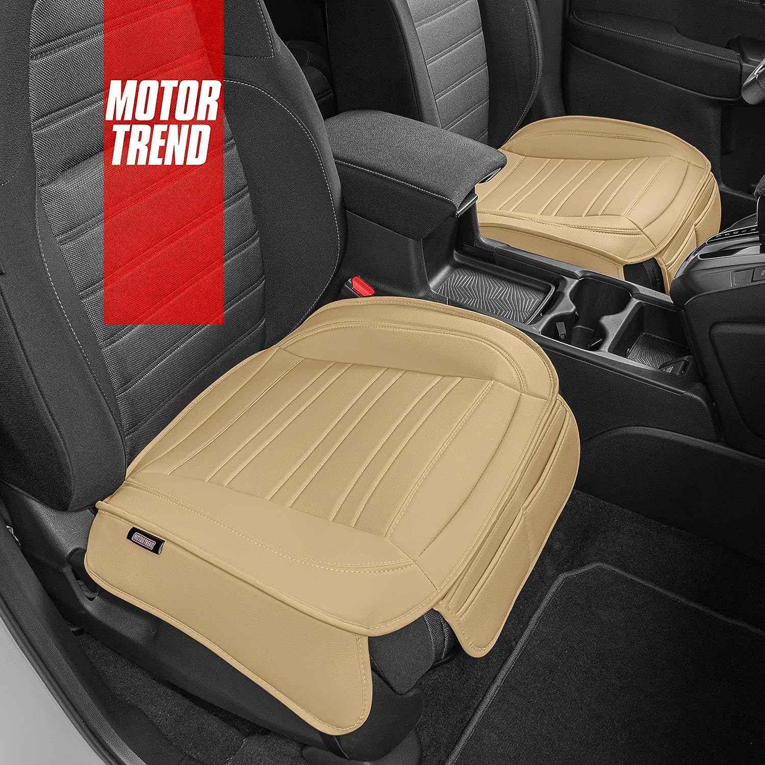 Motor Trend Seat Covers for Cars Trucks SUV, Faux Leather Beige Padded Car Seat Covers with Storage Pockets, Premium Interior Car Seat Cover, 2 x Front Seat Covers