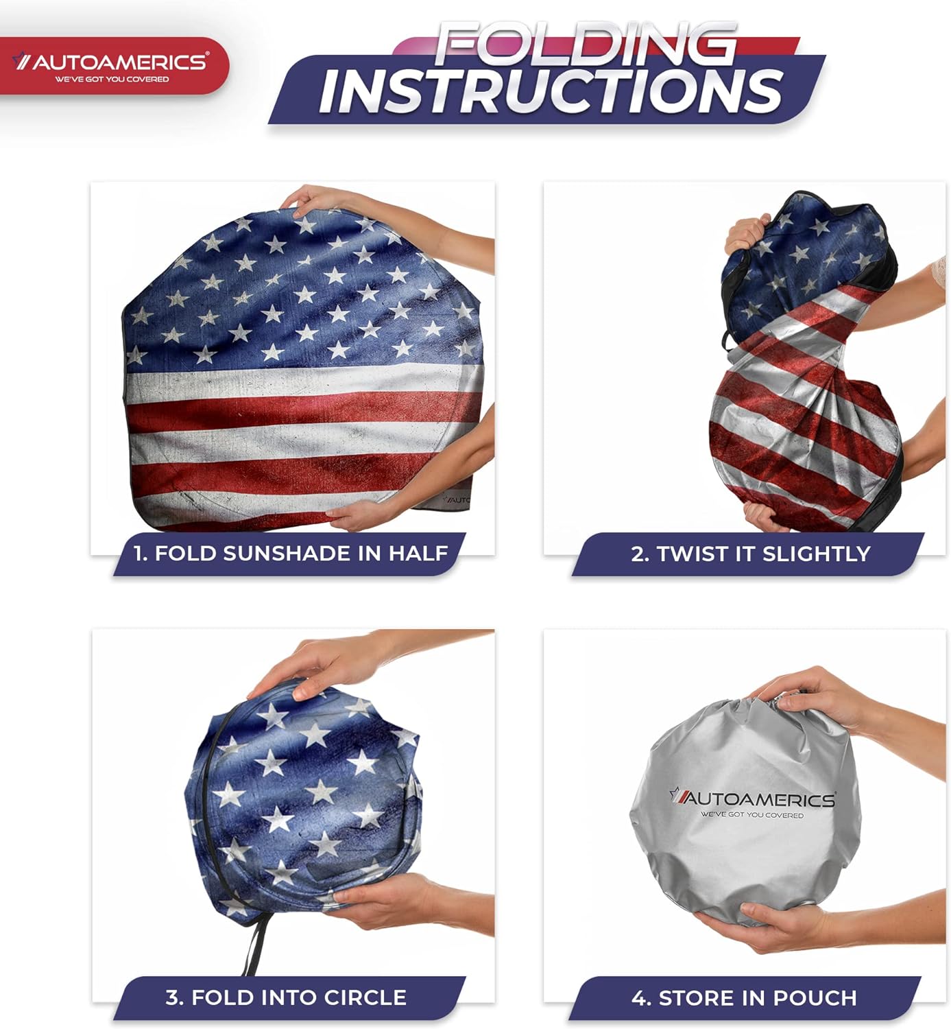 Autoamerics 1-Piece Windshield Sun Shade Grunge American Flag - 3 USA  - Foldable Car Front Window Sunshade for Most Sedans SUV Truck - Blocks Max UV Rays and Keeps Your Vehicle Cool - Large