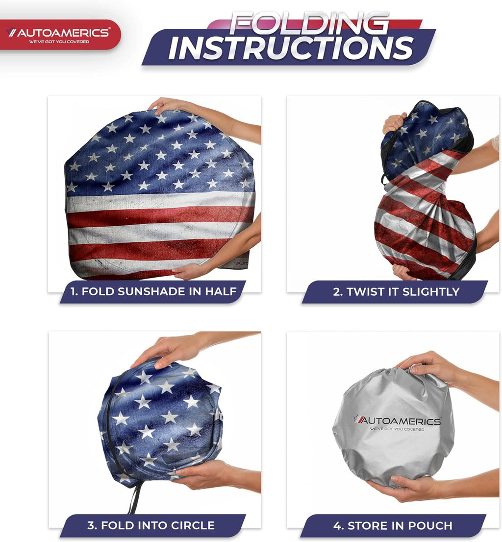 Autoamerics 1-Piece Windshield Sun Shade Grunge American Flag - 3 USA  - Foldable Car Front Window Sunshade for Most Sedans SUV Truck - Blocks Max UV Rays and Keeps Your Vehicle Cool - X-Large