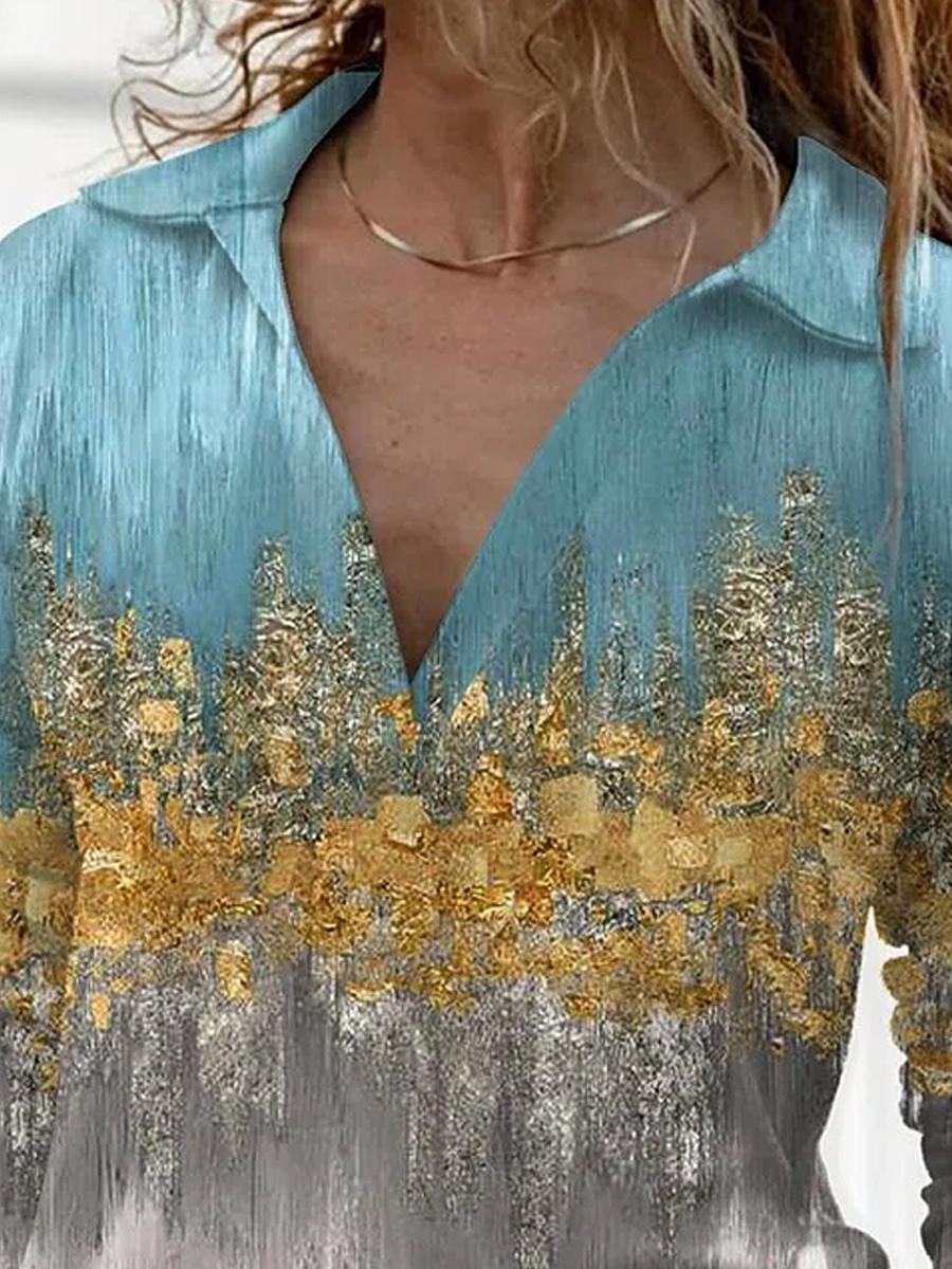V-neck Bronzing Print Casual Long-sleeved T-shirt