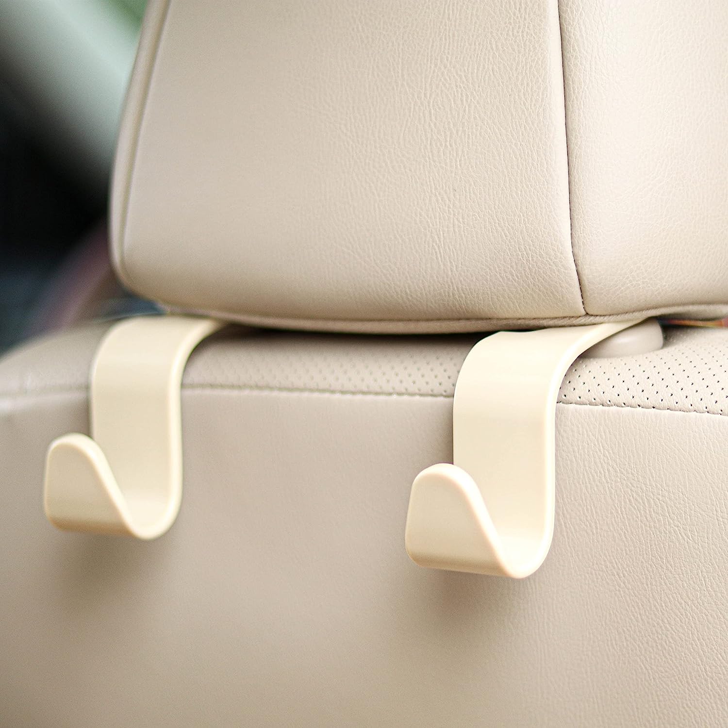 Amooca Universal Multifunctional Car Vehicle Headrest Hook, Organizer Hanger Storage Hook for Bag Purse Cloth Grocery (Beige Set of 4)