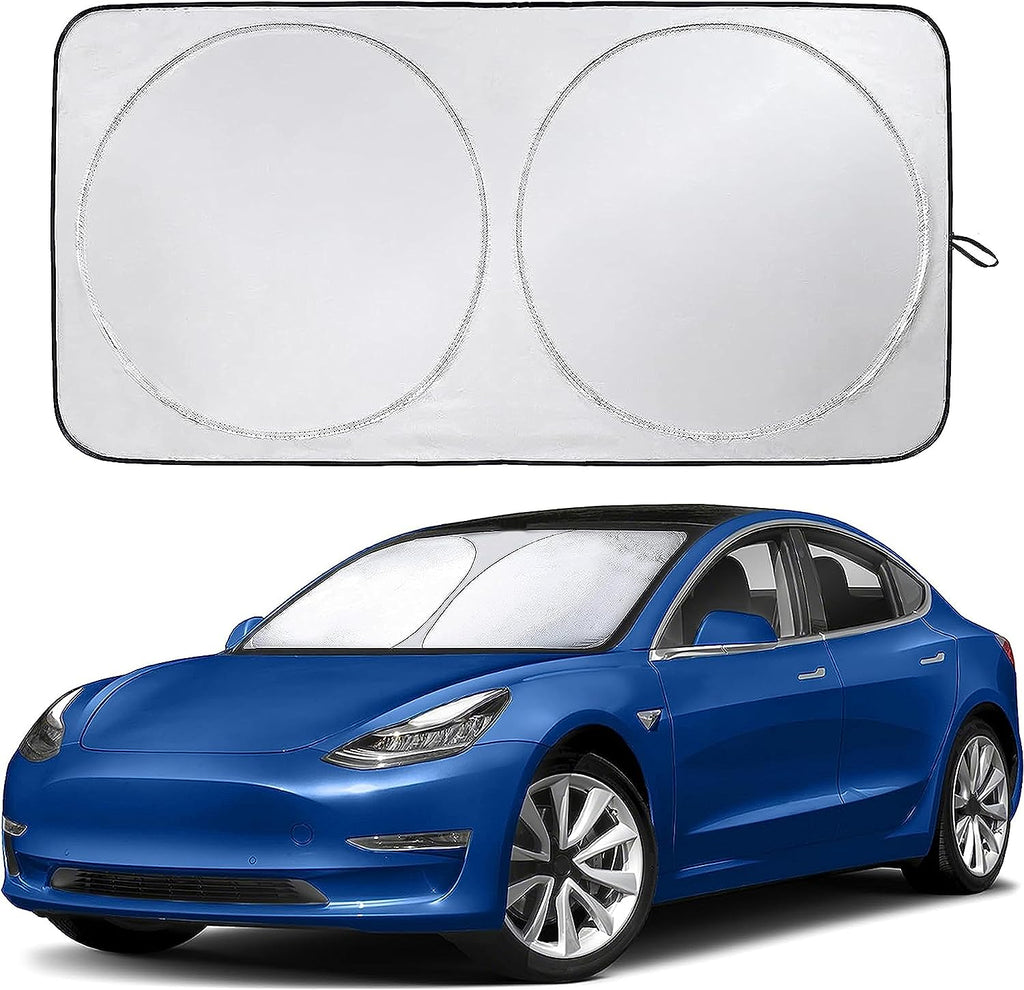 EcoNour Windshield Sun Shade for Tesla Model 3/Y Cars | 240T Polyester Shield Sunshade | Upgraded Sunshade for Front Window | Interior Tesla Accessories for Summer | XL (56 x 36 Inches)