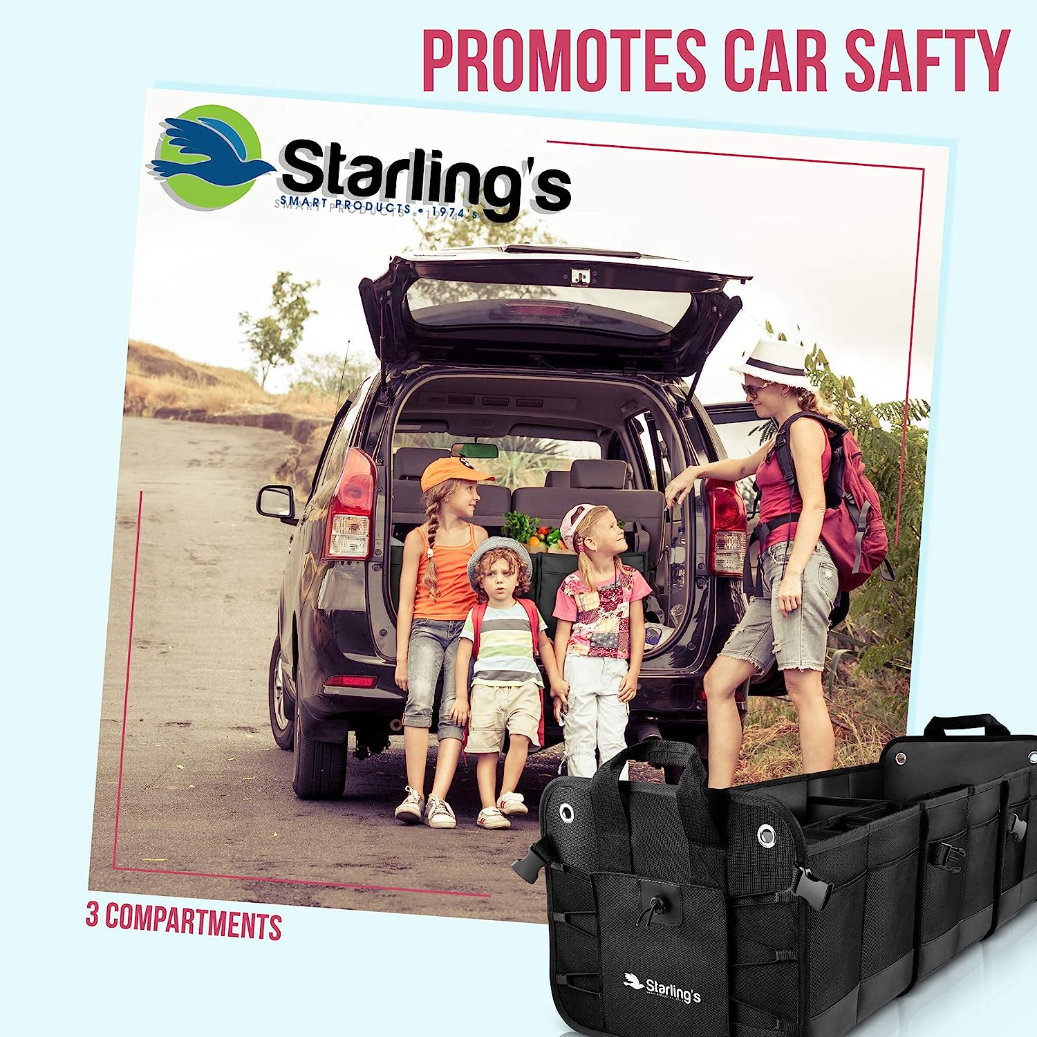 Starling's Car Trunk Organizer - Durable Storage SUV Cargo Organizer Adjustable (Black, 3 Compartments)