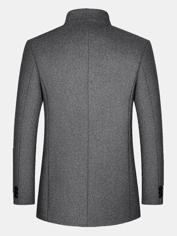 mens pure color stand collar single breasted warm woolen overcoats