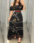 off shoulder chain print slim maxi dress