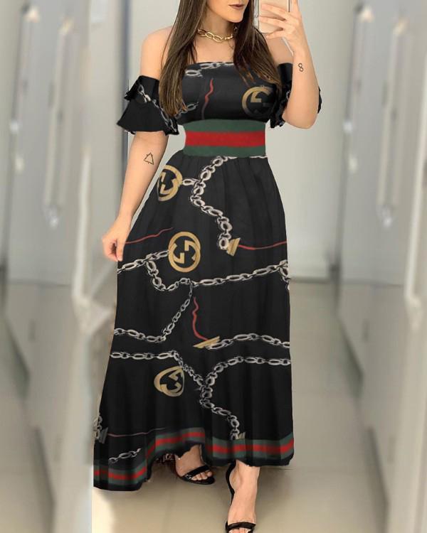 off shoulder chain print slim maxi dress