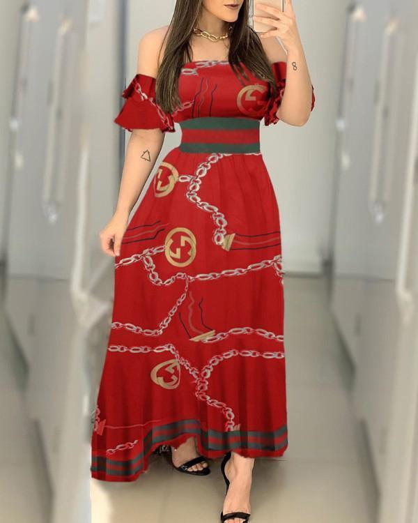 off shoulder chain print slim maxi dress