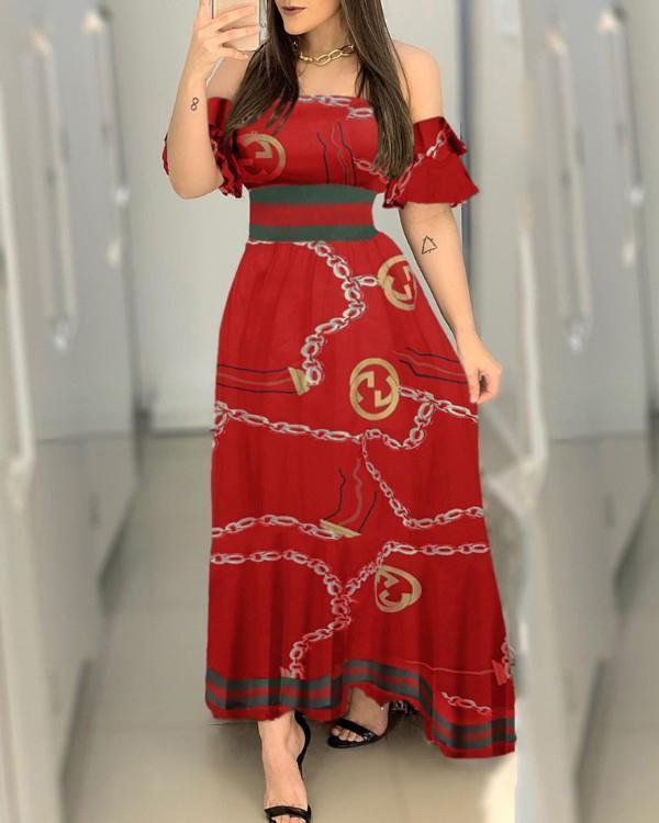 off shoulder chain print slim maxi dress