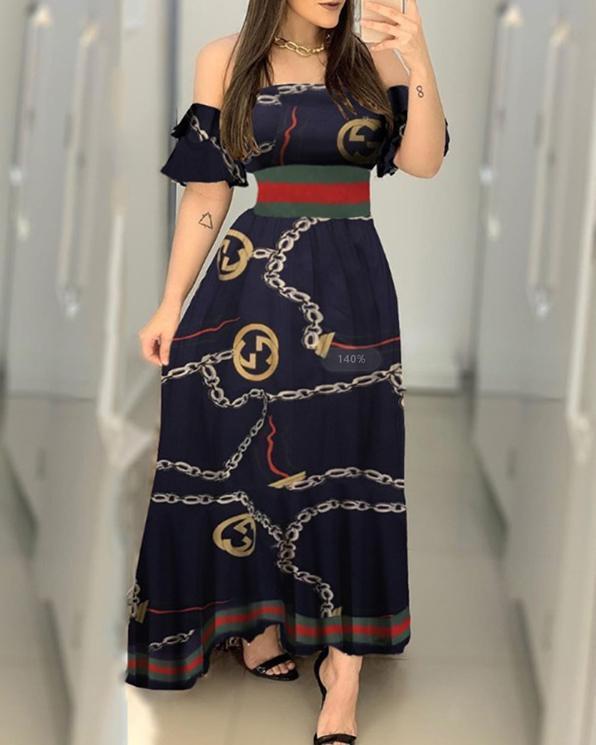 off shoulder chain print slim maxi dress