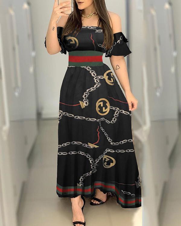 off shoulder chain print slim maxi dress