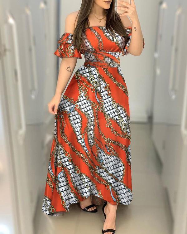 off shoulder chain print slim maxi dress