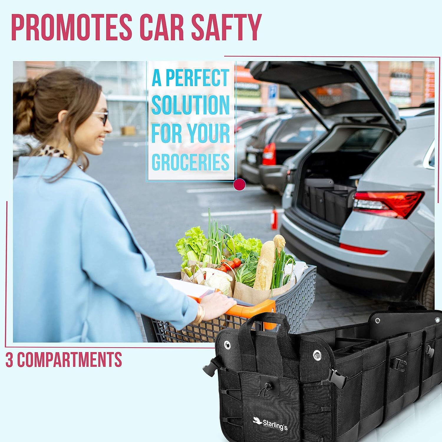 Starling's Car Trunk Organizer - Durable Storage SUV Cargo Organizer Adjustable (Black, 3 Compartments)
