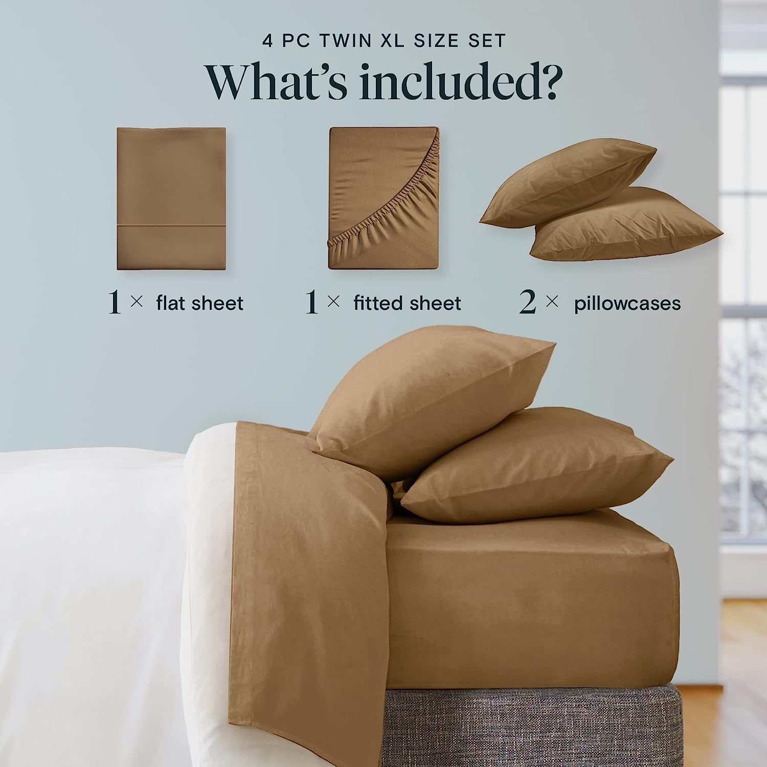 LuxClub Twin XL Sheets Set - Soft Twin Bed Sheets for Boys and Girls, 4 PC Deep Pockets 18" Eco Friendly Wrinkle Free Kids Fitted Sheets Machine Washable Hotel Bedding Silky Soft - Dark Khaki Twin XL