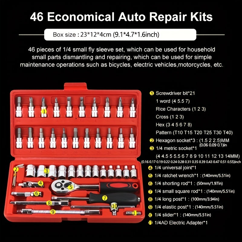 46pcs Car Repair Tool Kit: Ratchet Torque Wrench, Spanner, Screwdriver, Socket Set Combo - Perfect For Bicycle &amp; Auto Repairing!